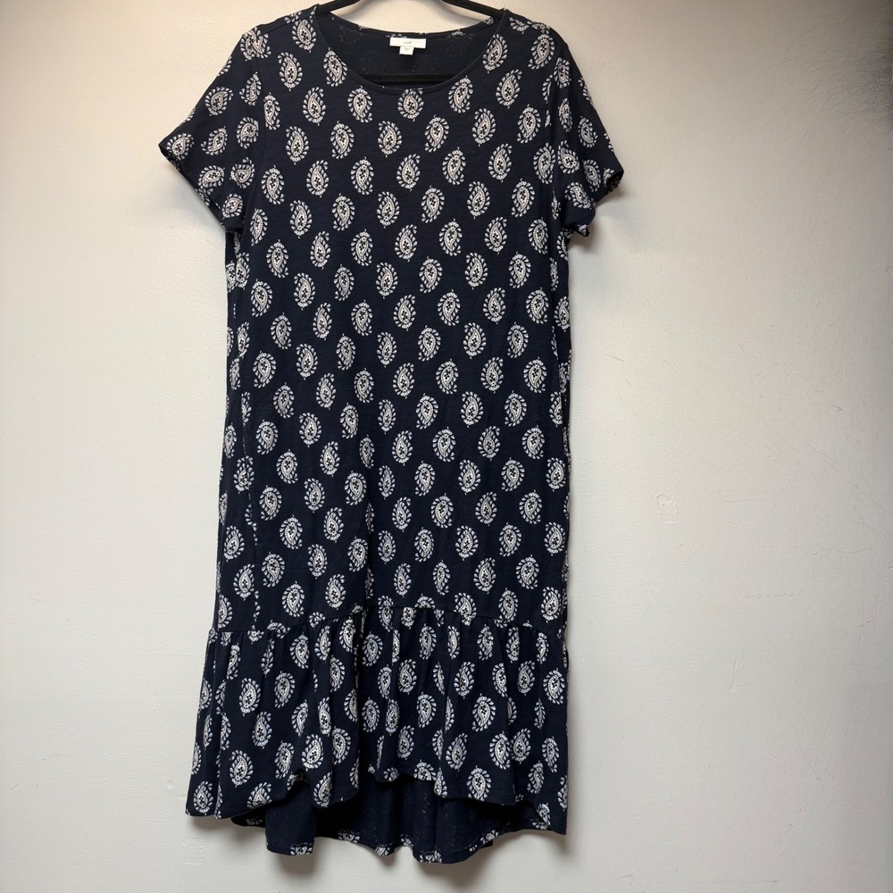 J. Jill T-Shirt Dress Womens Medium Navy Blue Excellent Paisley Tiered Ruffle